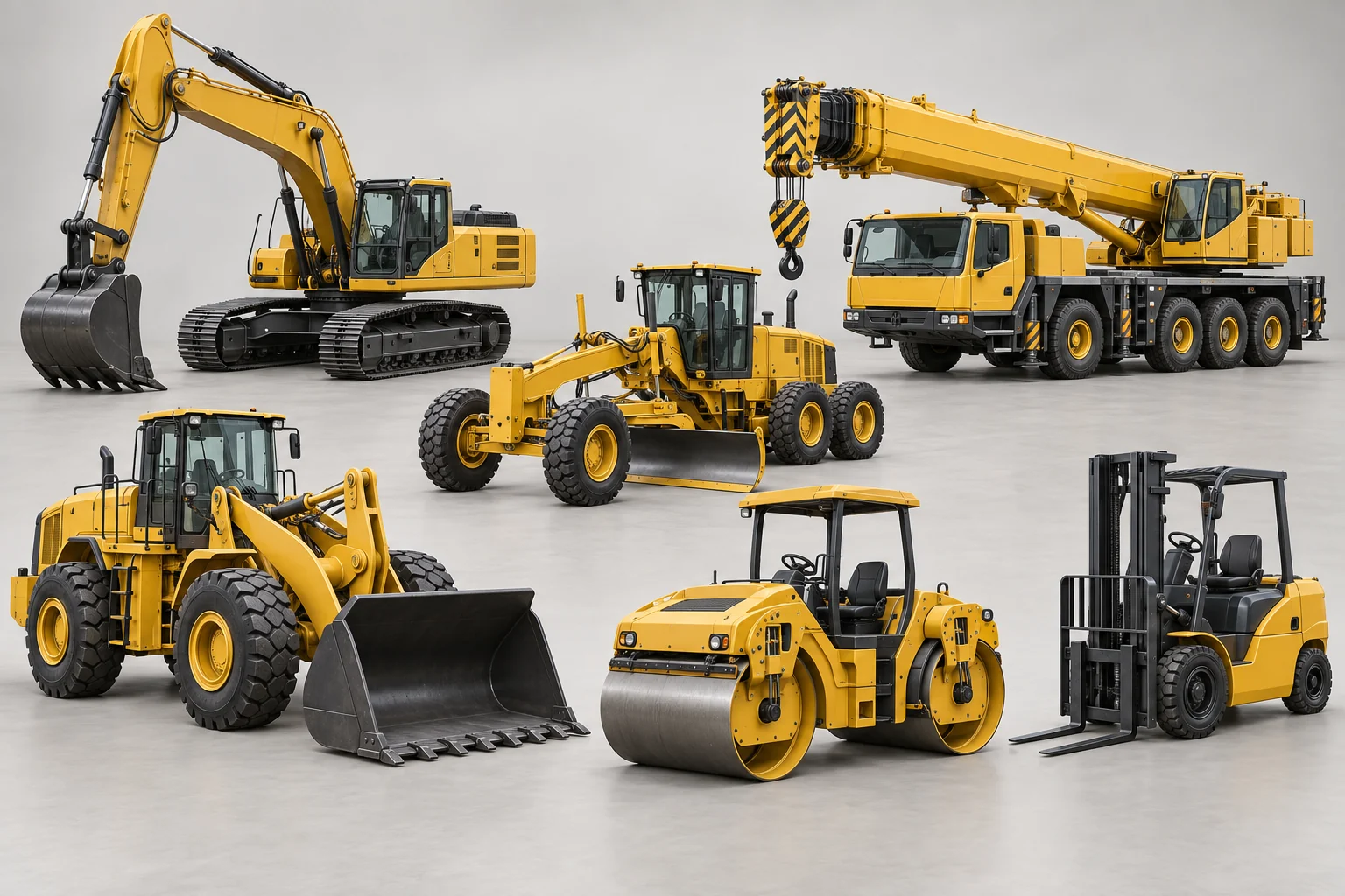 Illustrative excavator, crane, loader, grader, roller and forklift