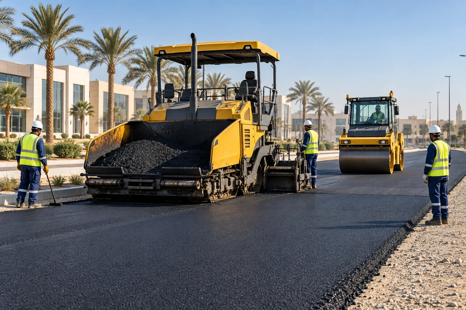 Illustrative asphalt paving and road rolling